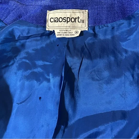 CiaoSport Ltd Vintage Silk Blue Jacket Polka Dot Pocket Handkerchief Accent Sz 8 - Picture 8 of 10